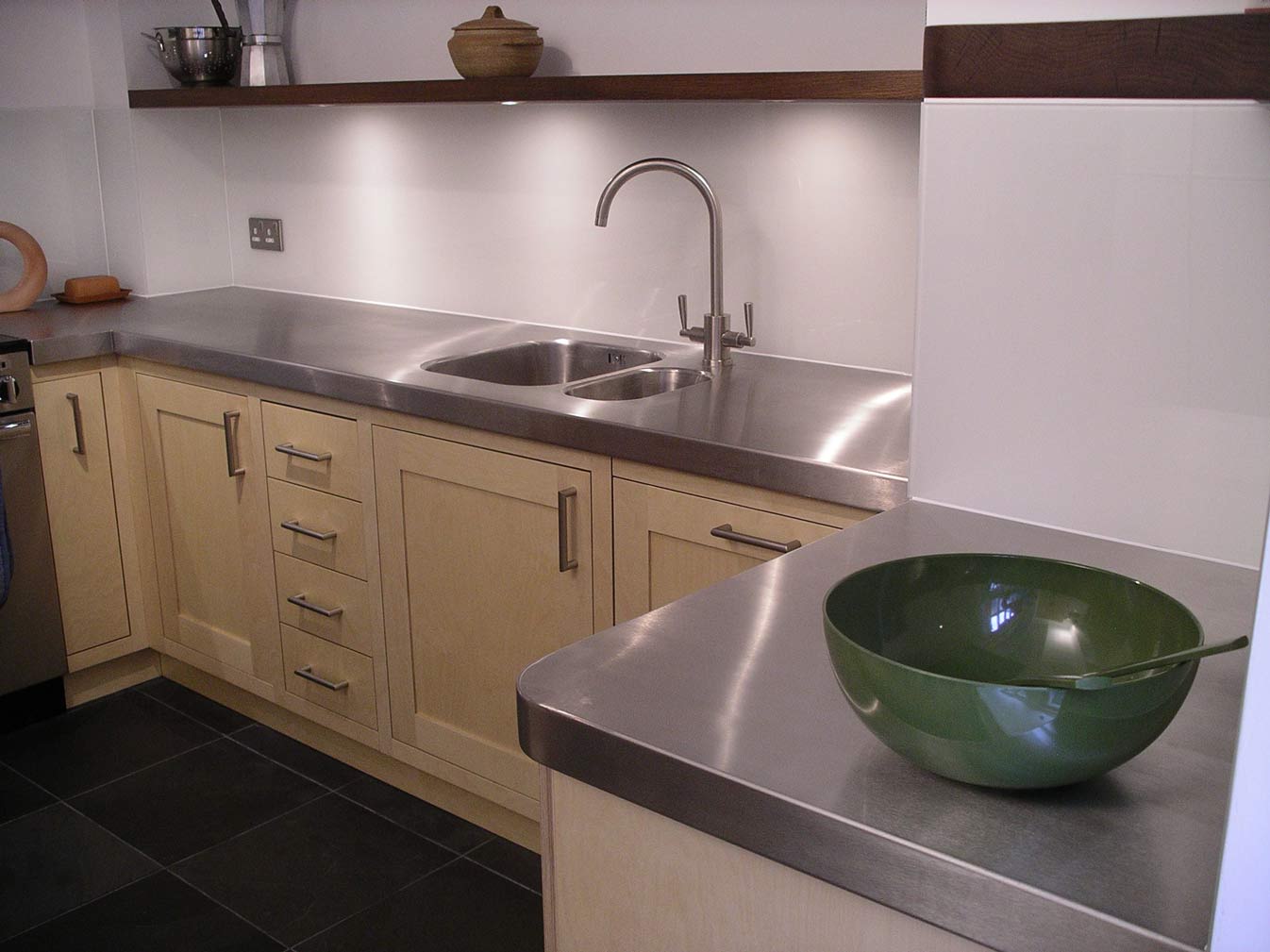 handmade kitchen with bespoke stainless steel worktops 