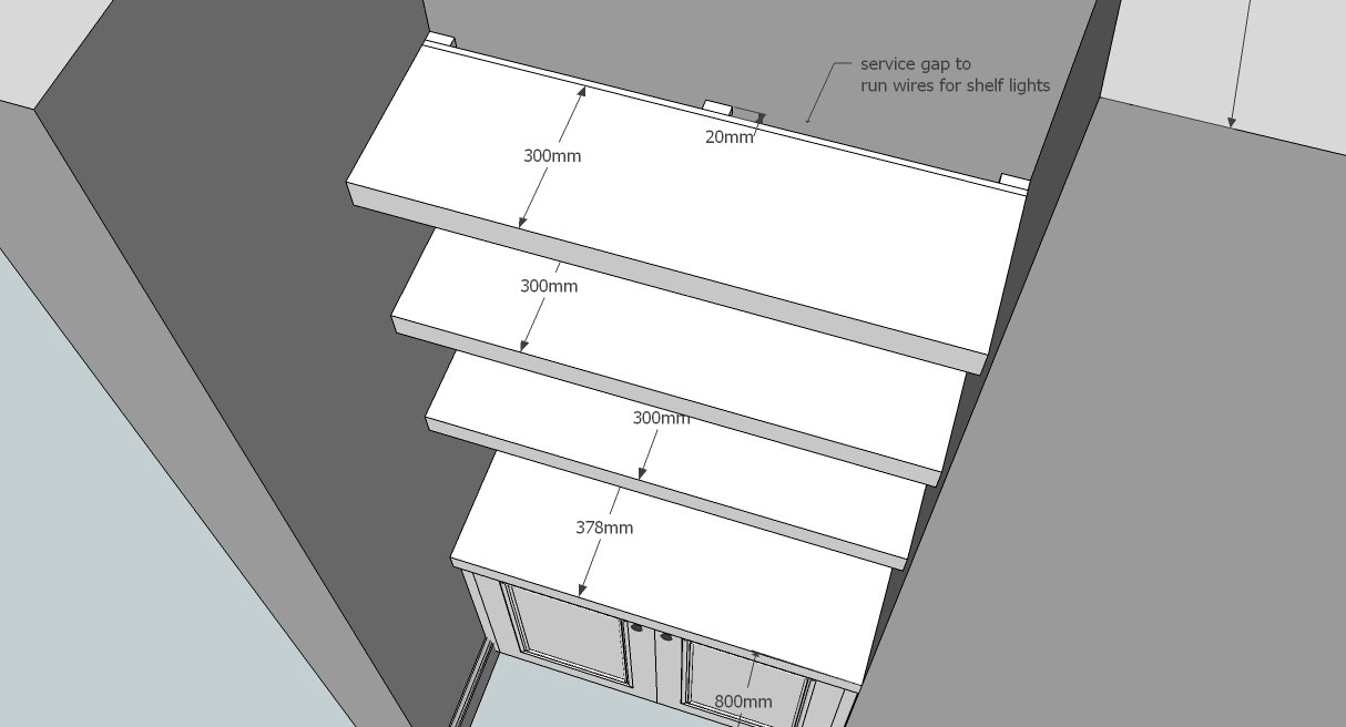 design drawing for cable access for recessed lighting in shelves