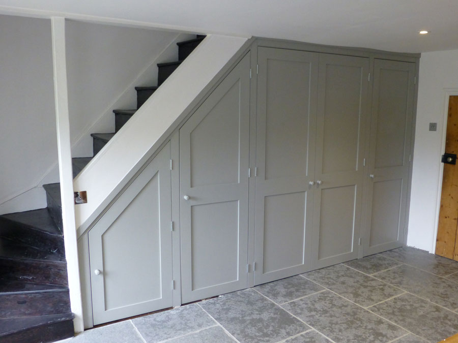 cupboard painted in Farrow and Ball Lamp Room Grey