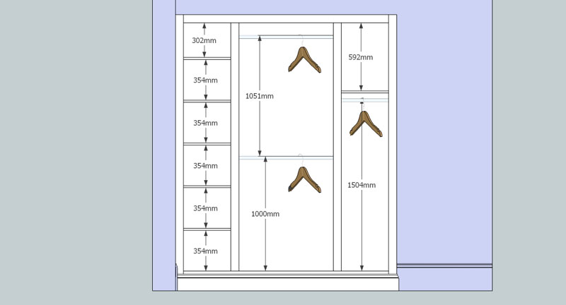 interior design drawing in 2D for fitted handmade cupboard