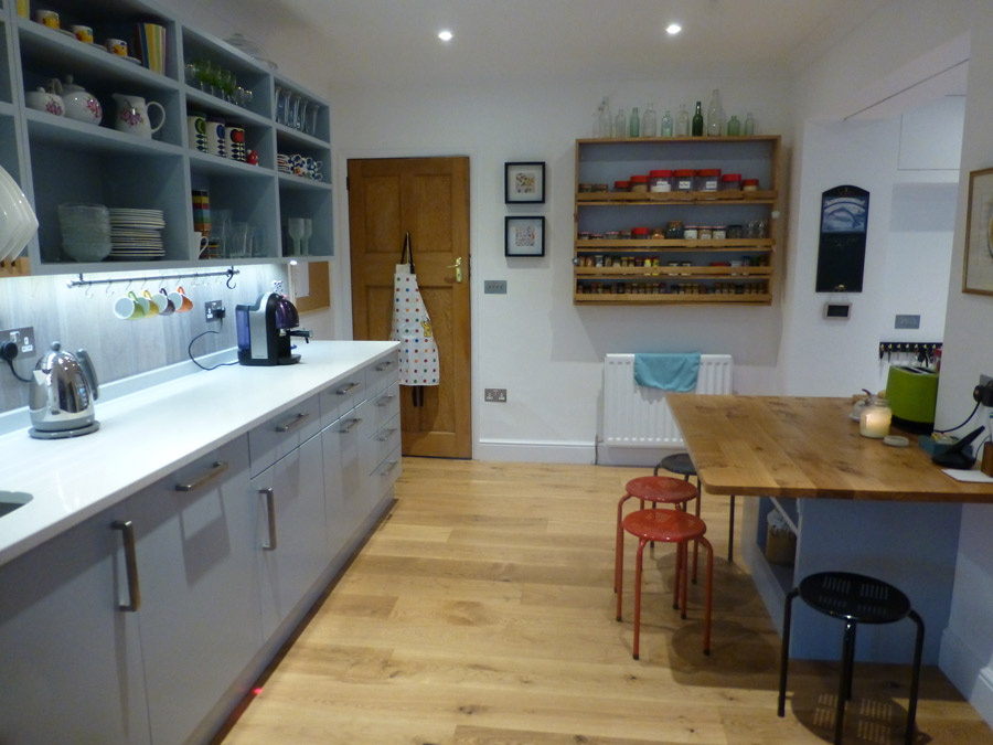 bespoke kitchen with open cupboards