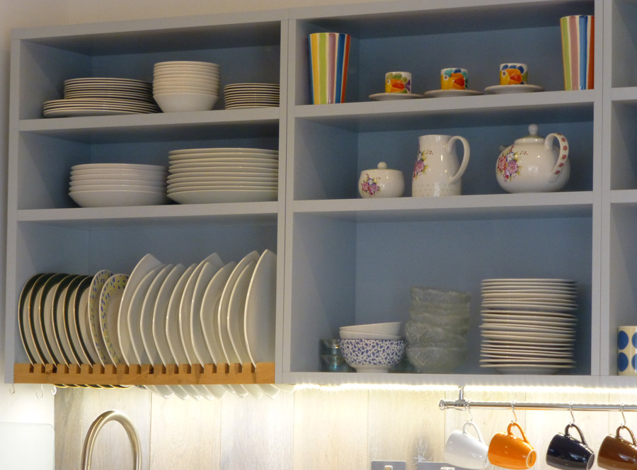 open shelf and plate rack in handmade kitchen