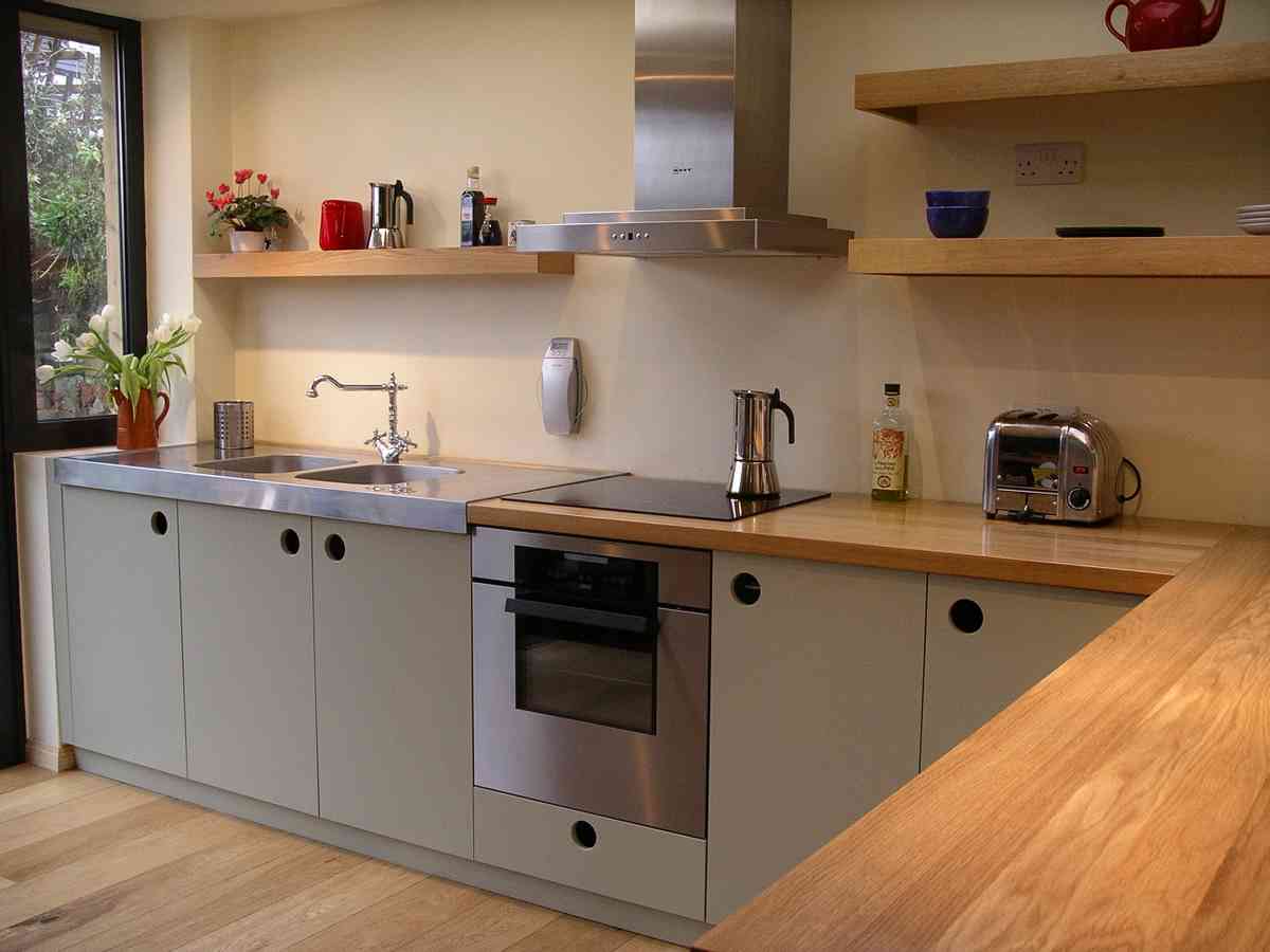 contemporary handmade fitted kitchen in oak and french grey