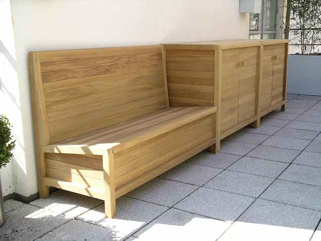 bespoke patio seating and cabinet in solid iroko