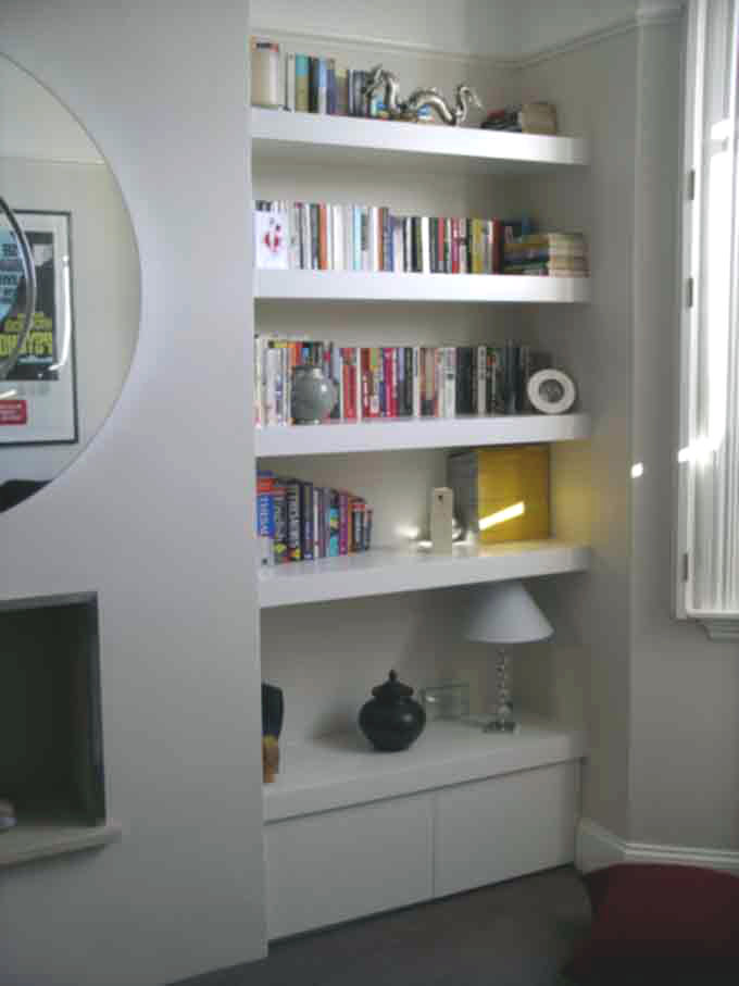 contemporary fitted alcove cupboard with floating shelves
